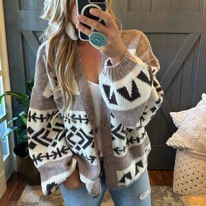 Native Print Knit Cardigan Sweater, Button Front V-Neck, Medium